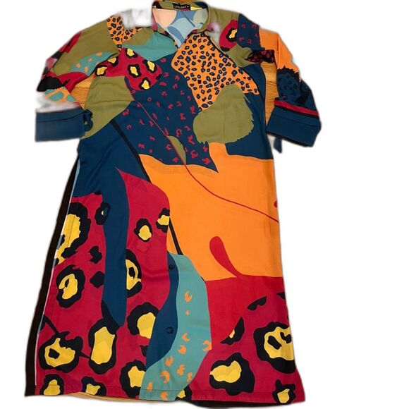 Colorful Abstract Caftan Flowy Bathing Suit Cover-Up Lounge Wear Bead Accents M - Picture 1 of 5